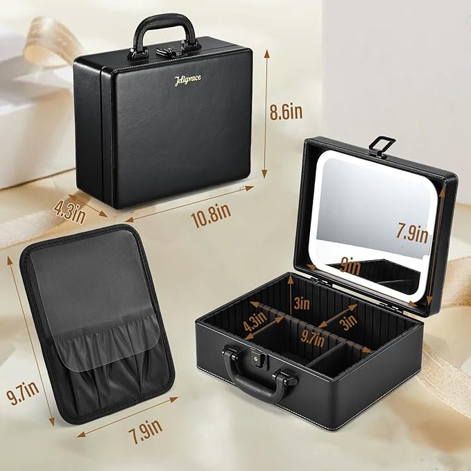 Joligrace Makeup Box with Detachable Lighted Mirror, Travel Train Case, Portable Makeup Case Cosmetic Organizer Vanity Cases for Women with Adjustable Dividers, Rechargeable Magnetic LED Mirror, Black