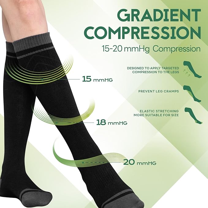 Bamboo Viscose Compression Socks for Women & Men (3 Pairs) 15-20 mmHg Knee High Support for Nurses, Travel, Pregnant