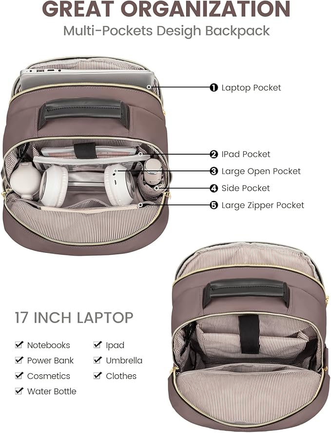 LOVEVOOK Laptop Backpack for Women, Large Capacity Travel Computer Work Bag with 17-inch Laptop Compartment, Business Nurse Backpack Purse, Hiking Outdoor Carry On Backpack, Brown