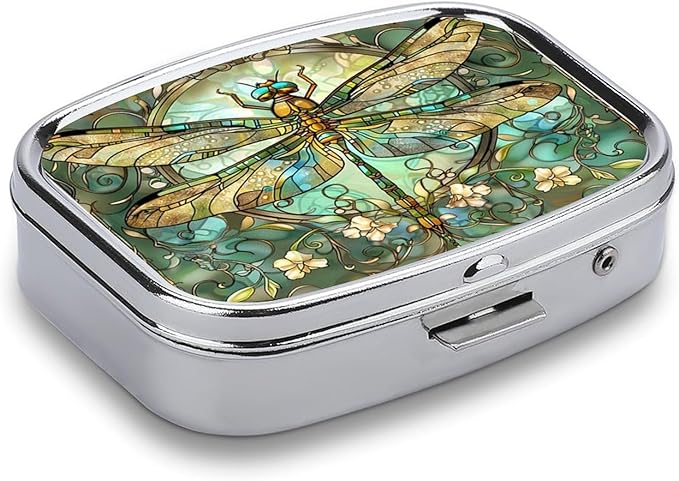 Metal 2 Compartment Pill Organizer Travel Friendly Portable Compact Pill Box Cute Pill Case to Hold Vitamins,Fish Oil,Supplements,Meds,Tablet for Purse,Pocket. (Dragonfly)