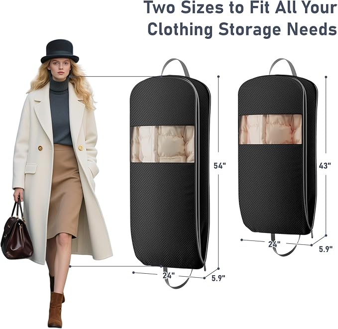 DIMJ 2 Pack 43" Space Saving Garment Bags for Hanging Clothes With Compression Zipper Carry Handles and Window, Washable Suit Bag for Dress, Clothes, Coats, Down Jacket, Closet, Moving, Travel