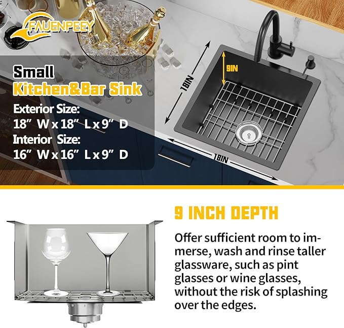 Small Black Kitchen Sink,18x18 Inch Stainless Steel Undermount Drop In Kitchen&Bar Sink Ideal Choice For Small Space, Prep Area, RV With Bottom Grid,Soap Mat And Drain Assembly