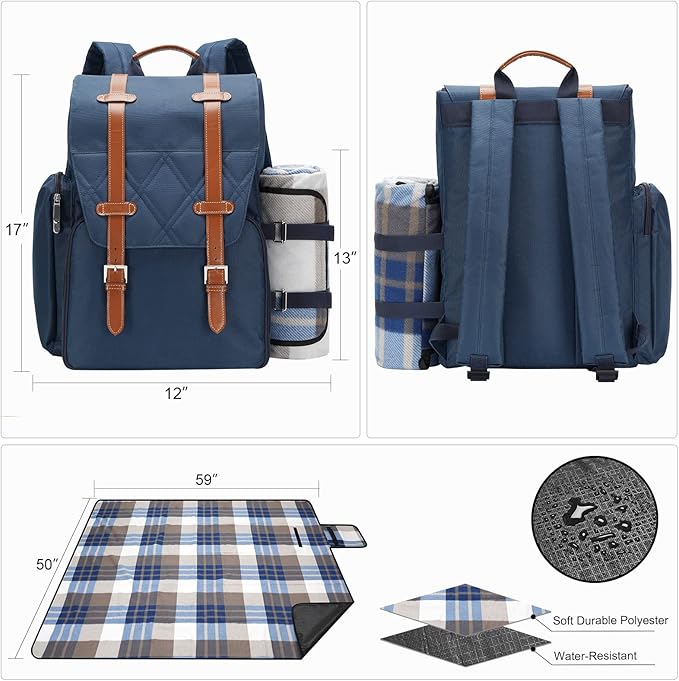 Picnic Backpack for 4 Person with Large Insulated Cooler Bag, Picnic Basket Set with Wine Pouch, Waterproof Picnic Blanket & Cutlery Set. Perfect for, Camping, Party,Wedding Gift for Couple,Blue