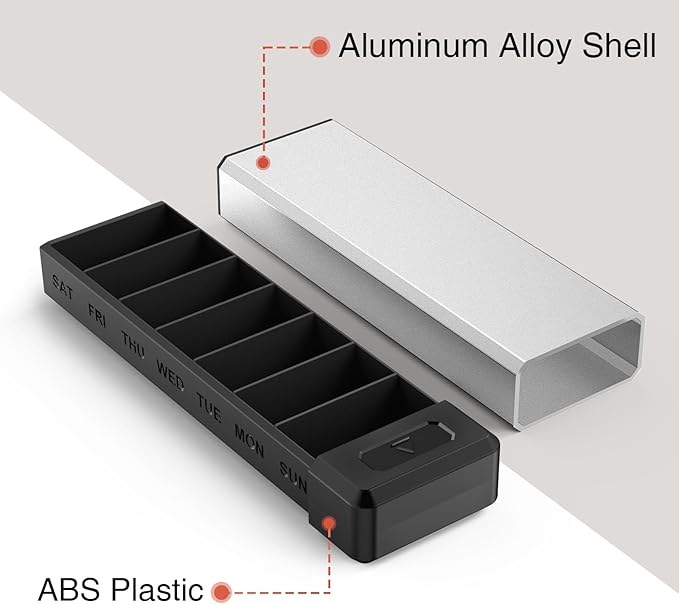 HEIYING Pill Organizer with Aluminum Shell for One Week Capacity, Portable 7 Compartments Pill Box Container to Hold Vitamin, Medicine, Supplements