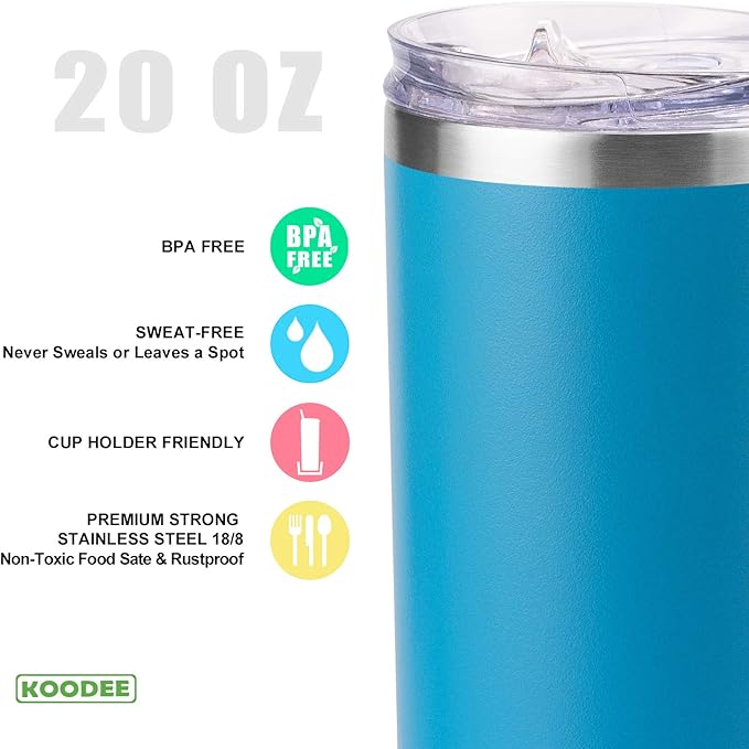 koodee 20 oz Stainless Steel Skinny Tumblers (4 Pack) Double Wall Insulated Water Tumbler Cup with Straw, Lids and Straw Brushes (Baby blue/White/Pink/Sky Blue)