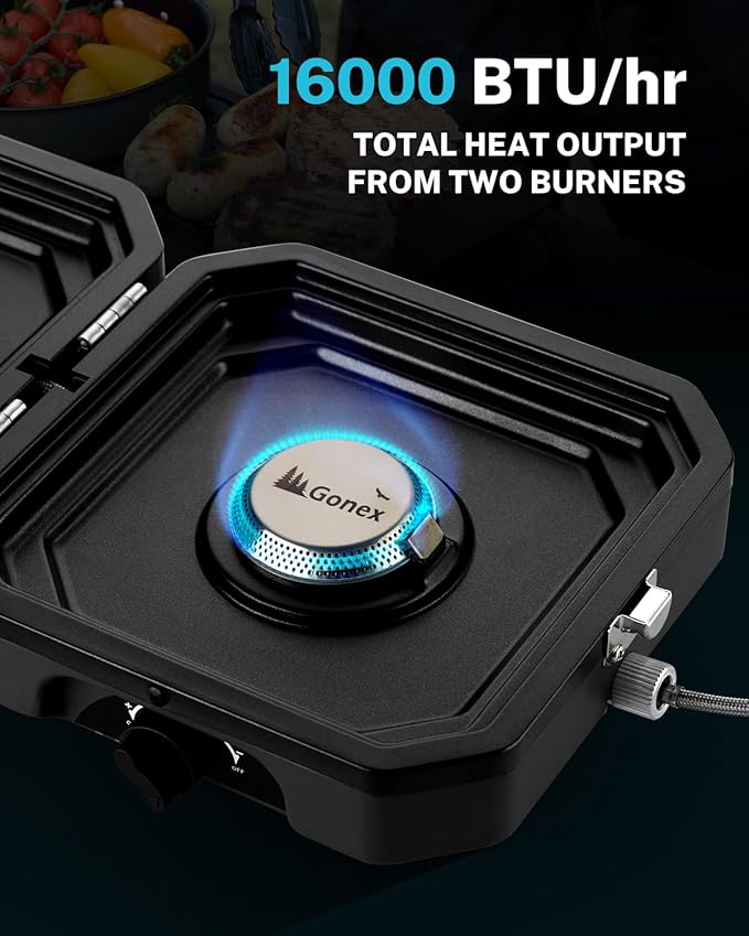 Gonex 2 Burner Propane Camping Stove with Griddle & Grates, Portable Foldable Cooking Stove with Total 16,000 BTU, Two Piezo Ignition Adjustable Burners for Camping, Patio, Emergency, Hiking (Black)
