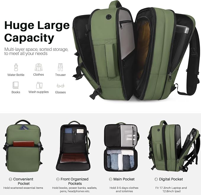 Travel Backpack Carry On Flight Approved, Lightweight Large Travel Backpack, Expandable with USB Charging Hole, Waterproof Causal Bookbag for Travel Work College Fits 17 inch Laptop, Green