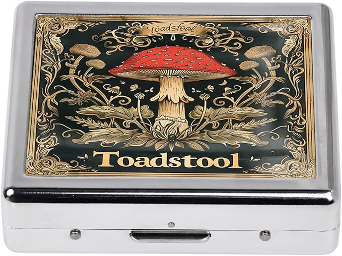 Cute and Stylish Metal Pill Box - Compact Portable Pill Organizer with 8 Compartments, Food-Grade Divider, Ideal for Travel, Vitamins, Jewelry, Cosmetics (Enchanted Toadstool)