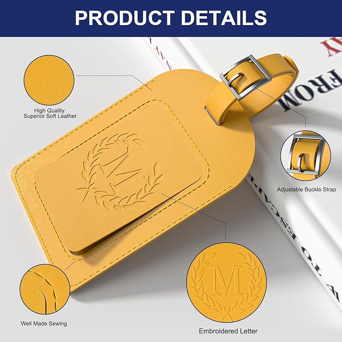 FESAS 3 Pack A-Z Alphabet Luggage Tags - Faux Leather Suitcase Tags with Privacy Cover & Replaceable Card - Initial Letter Monogram for Bags (Yellow)