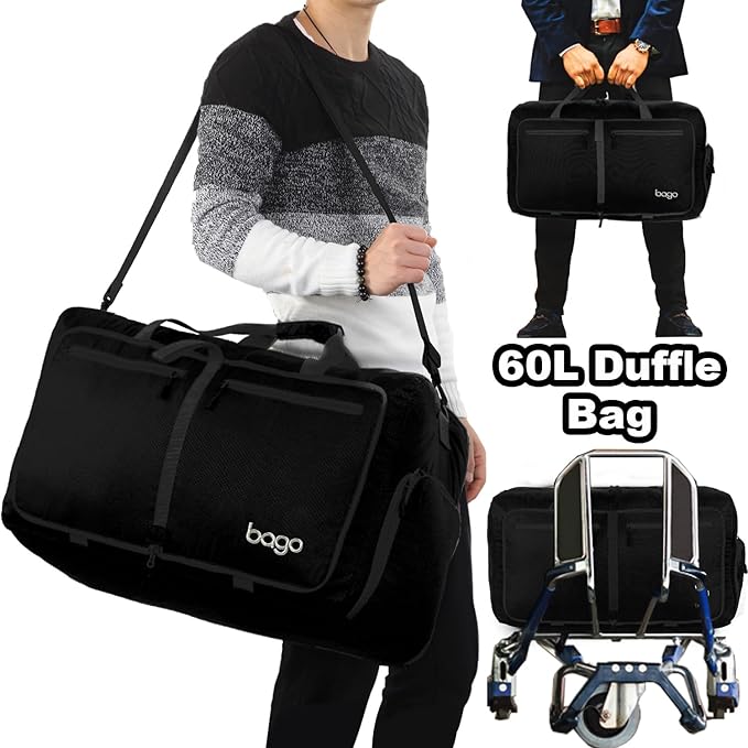 Bago Foldable Duffel Bags for Traveling Women & Men - 60L Medium Packable Duffle Bag for Travel with Shoe Compartment - Water Repellant, Heavy Duty, Lightweight Folding & Collapsible (All Black)
