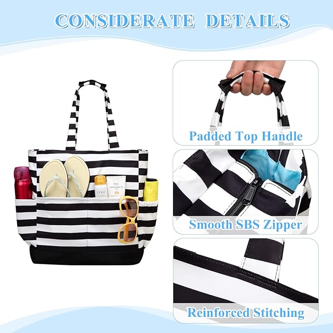 VASCHY Beach Bag for Women, Large Waterproof Sandproof Fold-able Packable Pool Tote Bag w Zipper/Pockets