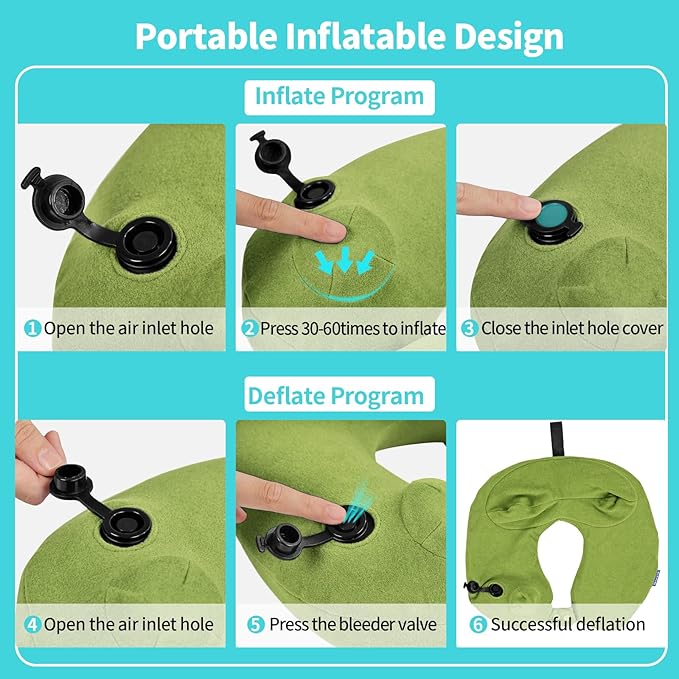 Inflatable Travel Neck Pillow for Airplane, Head Support Velvet Adult Neck Pillow for Long Flight, Kit with Eye Mask, Earplugs and Storage Bag,1, Green