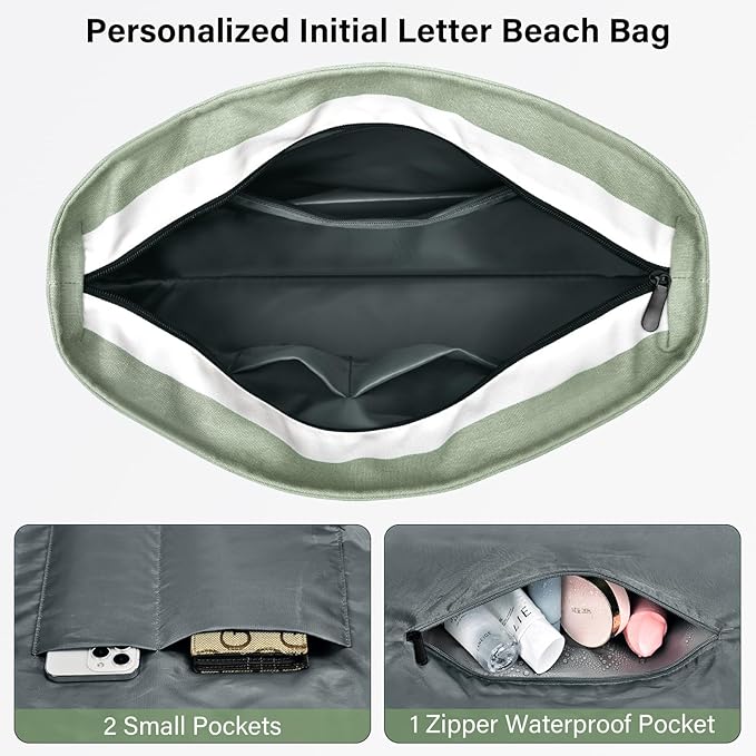 Becokan Beach Bag Initial Beach Tote with Makeup Bag for Travel Work Storage Personalized Birthday Gifts for Women Her