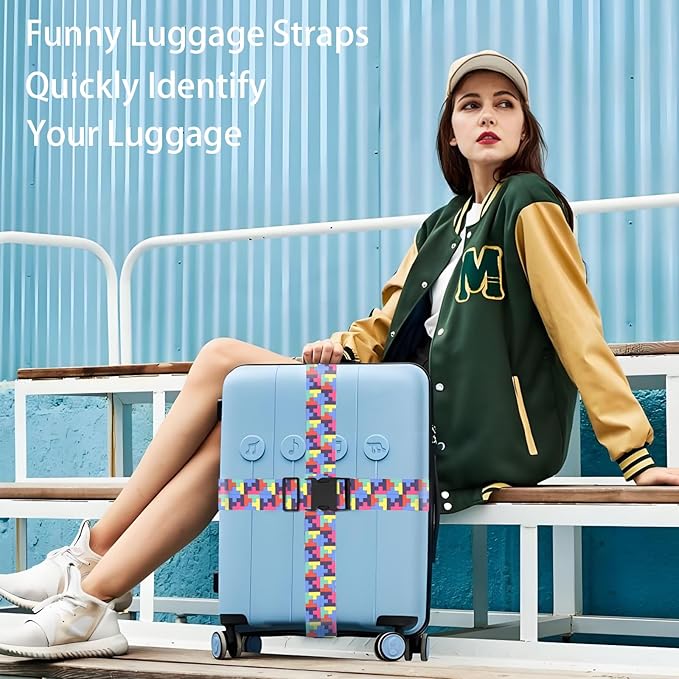 Puzzle Luggage Straps for Suitcases, Adjustable Luggage Travel Belt to Keep Luggage Security While Travel, Strong Polyester Fabric, Easy-to-Recognize Funny Pattern Travel Essentials, 2 Pack