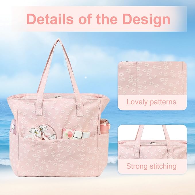 LEDAOU Large Beach Tote Bag Women Waterproof Sandproof Zipper Beach Tote Bag for Pool Gym Grocery Travel with Wet Pocket