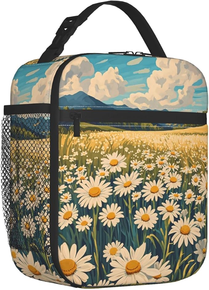 Daisy Flower Lunch Box for Kids Aldults, Nature Floral Reusable Thermal Insulation Cooler Tote Bags, Meadow Wildflower Field Insulated Bag for Student, School Picnic Camping Travel, Gifts
