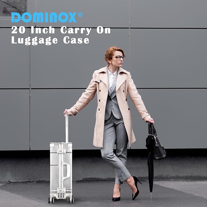 DOMINOX All Aluminum Carry On Luggage Hard Shell Luggage Aluminum Suitcase for Travel Zipperless Luggage Checked Luggage with Silent 360° Spinner Wheels 20 In. (Industry Style, Sliver)