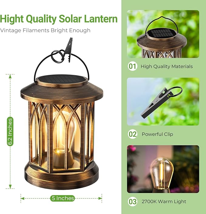 WdtPro Solar Lanterns Outdoor Lights, 4 Pack Bright Lanterns Outdoor Waterproof with Clip Patio Decor, Hanging Solar Lights for Outside Garden Yard Front Porch Table Decoration (Antique Copper)