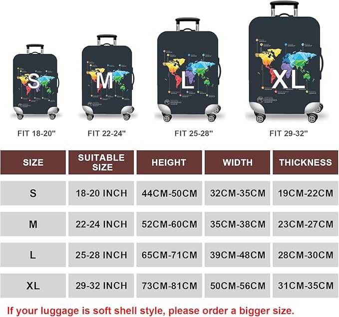 WUJIAONIAO Travel Luggage Cover Baggage Suitcase Cover Protector Skins 18-32 Inch (map, L (for 25-28 inch luggage))