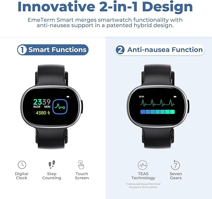 EmeTerm Smart FDA-Cleared Anti-Nausea Wristwatch Touchscreen IP67 Waterproof Morning Motion Sickness Relief Rechargeable Fast Acting Drug Free (Black - Extra 2pack Conductive Gel)