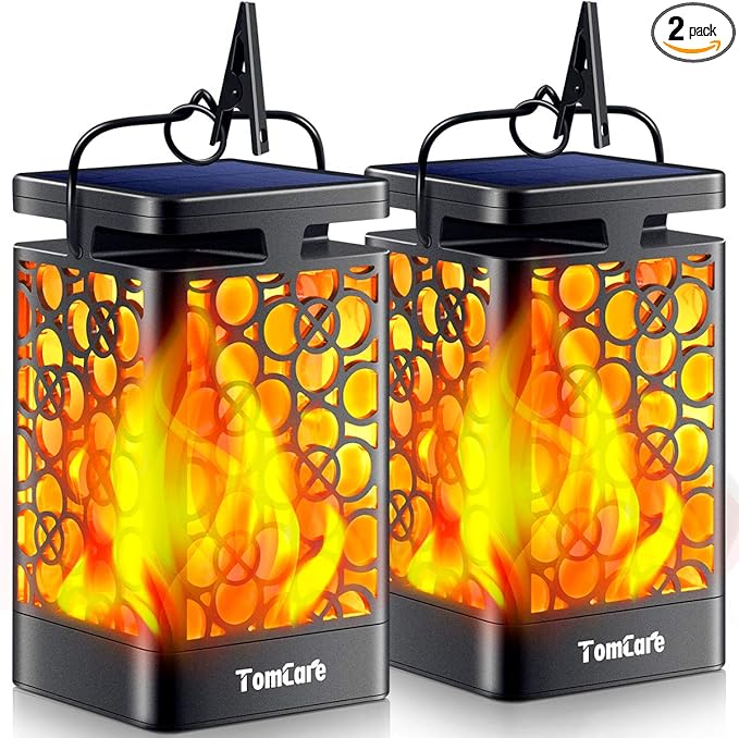 TomCare Solar Lanterns Outdoor Upgraded Flickering Flame Waterproof Hanging Lanterns Decorative Solar Powered LED Christmas Lights for Patio Deck Yard, 2 Pack