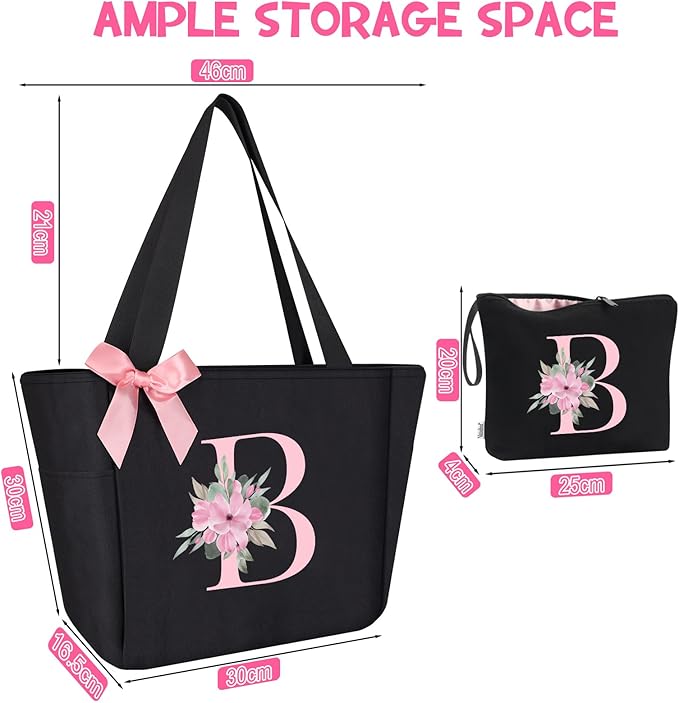 Vavabox Tote Bag, A-Z Initial Monogrammed Waterproof Tote Bag, Bridesmaid Gifts for Women, Black and Pink