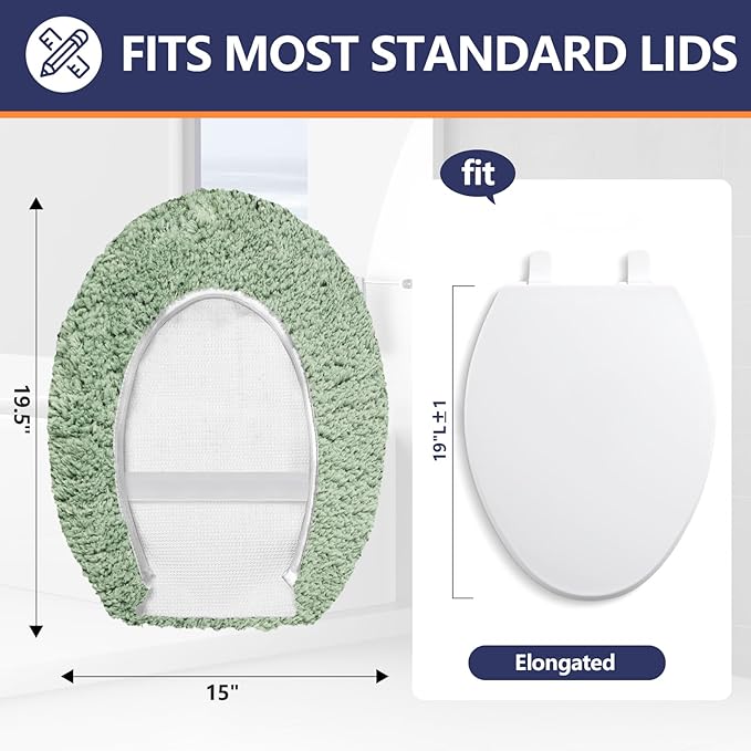 Microfiber Elongated Toilet Seat Cover 19.5"x 15" Machine Washable Solid Toilet Lid Cover Adjustable Rubber Backing Fits Most 18-19.5" L x 14-16" W Elongated Toilet Seat