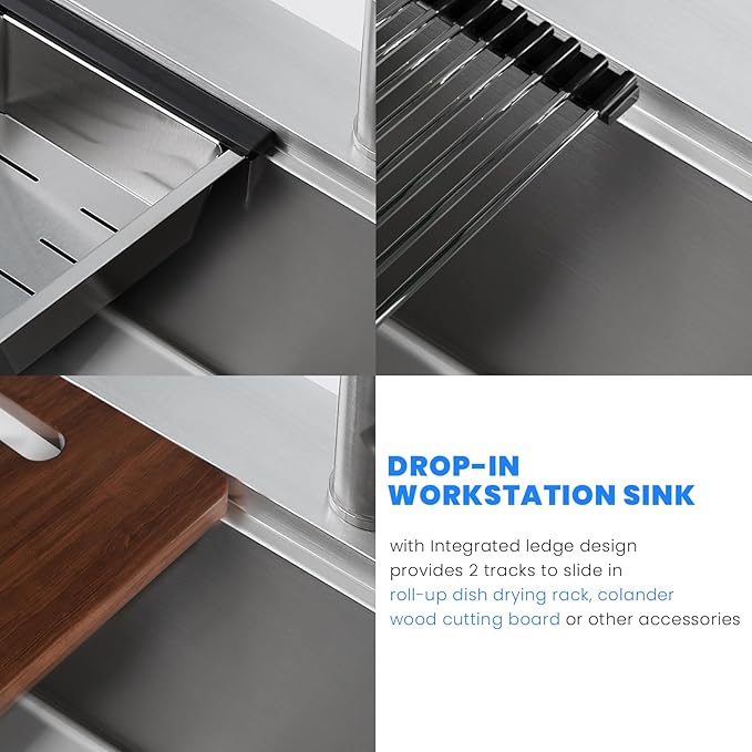 POPFLY 23×18 Inch Drop in Workstation Kitchen Sink, Handmade 18-Gauge 304 Stainless Steel Sinks Topmount 9-Inch Deep Single Bowl Modern Overmount Small Kitchen Sink with Cutting Board