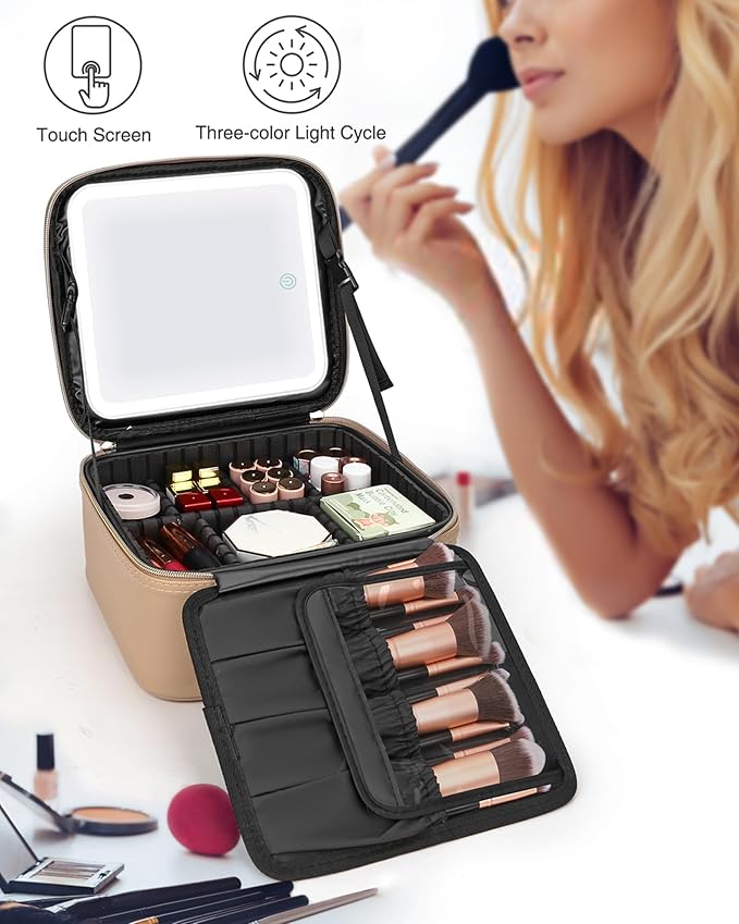 Relavel Makeup Bag with Light Up Mirror, Makeup Case Travel Cosmetic Bags Brush Organizer Storage Box, Rechargeable Vanity Mirror with 3 Color Lights, High Frame Mirror Protection (Brown)