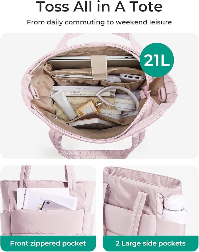 BAGSMART Tote Bag for Women, Lightweight Puffy Tote Bag with Compartments Shoulder Bag Handbag for Travel, Work, Gym,