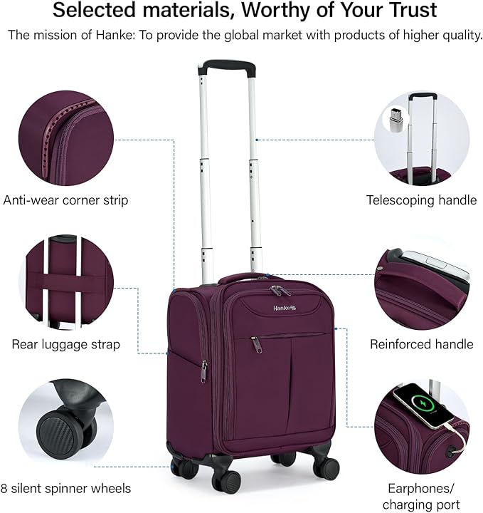 Hanke Underseat Carry On Luggage with Wheels, Lightweight Small Suitcase Airline Approved 16 Inch Softside Personal Item Travel Bag for Women Men, Compact Under Seat Luggage with Spinner Wheels,Purple