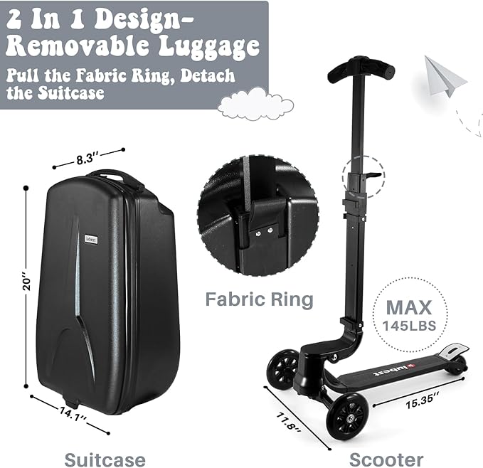 MRPLUM 20" Ride-On Suitcase with Detachable Scooter for Kids,Foldable Hardshell Carry-On Luggage for Toddlers Ages 4-15 with Adjustable Handle,Easy Steering&Brake(Airplane Approved)