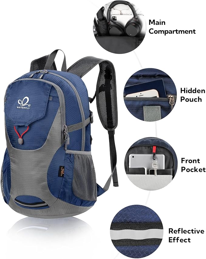 WATERFLY Lightweight Packable Hiking Backpack: 30L Foldable Travel Daypack Ultralight Camping Day Pack for Woman Man
