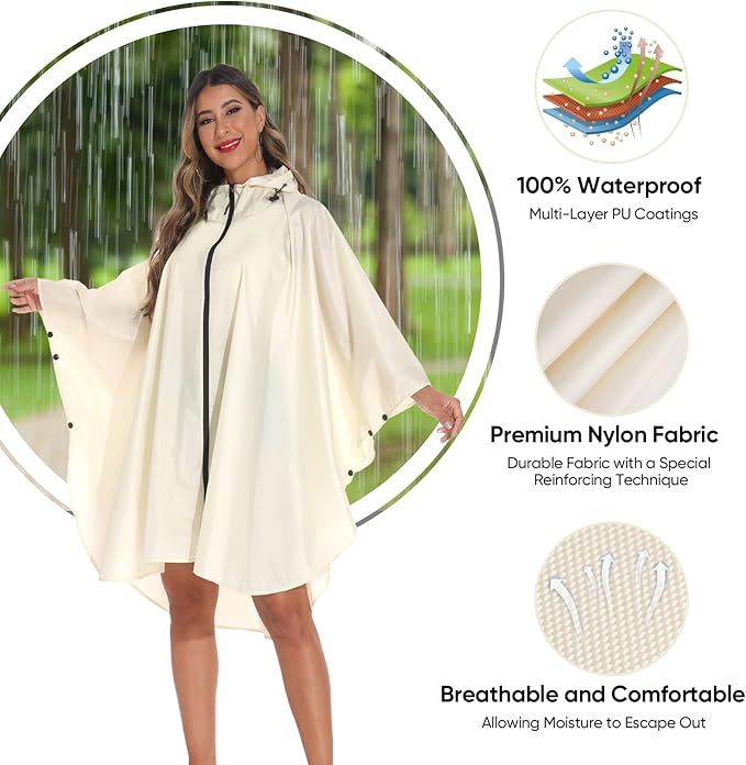 PTEROMY Hooded Rain Poncho for Adult with Pocket and Zipper, Waterproof Lightweight Raincoat for Men and Women