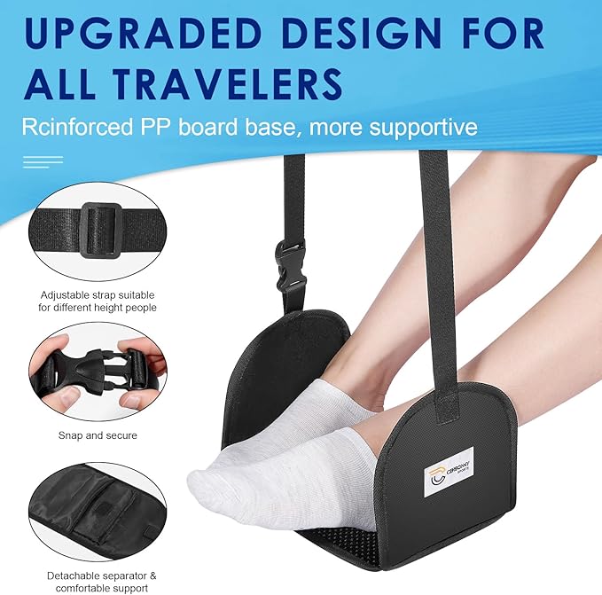 CERBONNY Airplane Foot Rest - Portable and Adjustable Foot Hammock, Travel Flight Essential for Relaxing Your Feet During Journeys (Non-Slip)