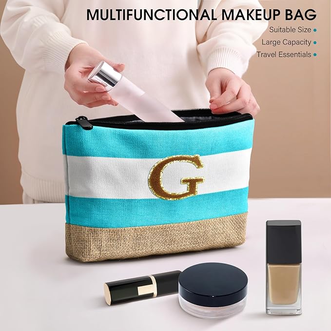 Becokan Beach Bag Initial Beach Tote with Makeup Bag for Travel Work Storage Personalized Birthday Gifts for Women Her