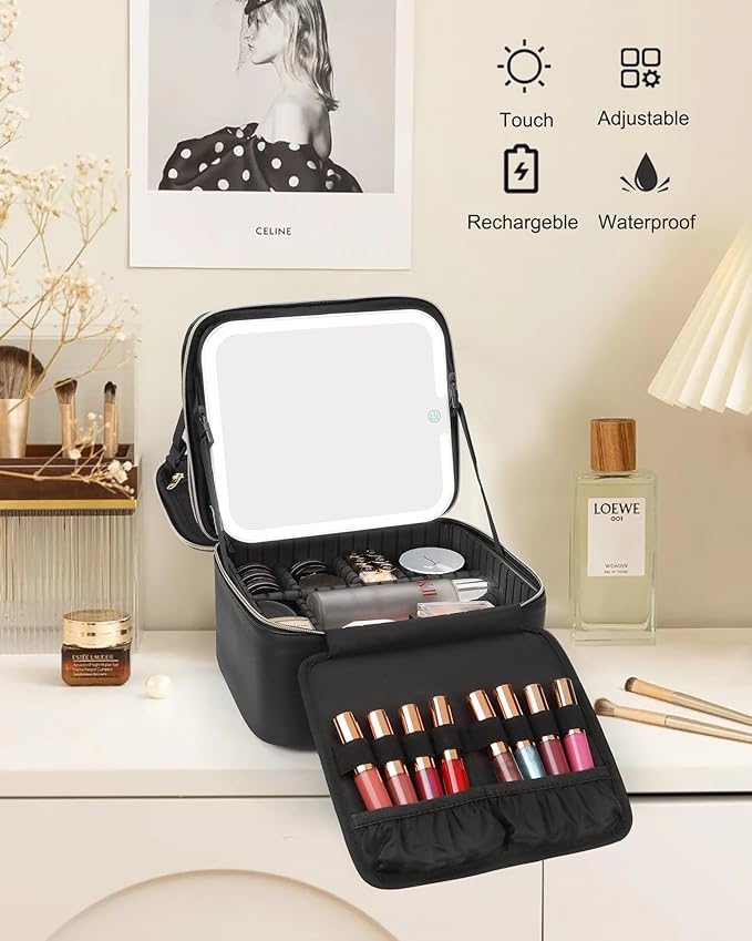 Relavel Makeup Bag with LED Mirror, Travel Makeup Case with Rechargeable Lighted Mirror 3 Color Lights, Dual Layer Cosmetic Box Makeup Brush Lipstick Holder Organizer for Women, Leather Black