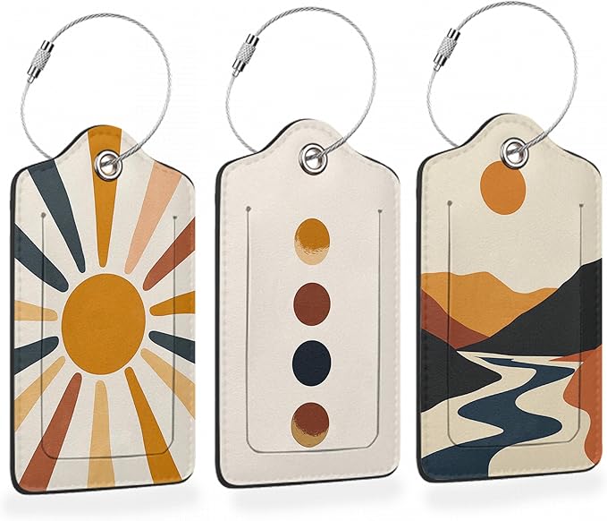 Boho Color Sunburst PU Leather Luggage Tags for Suitcase, Abstract Desert Travel Cruise 3 Pack with Privacy Flap, Name ID Label and Metal Loop for Women Men Girls Baggage Bag Backpack