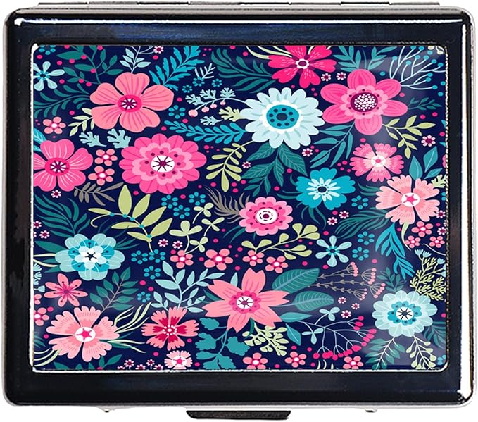 Silver Vintage Pill Box 7 Day Metal Pill Box with Mirror and 8 Compartments Cute Travel Pill Organizer for Purse (Colorful Floral Pattern)
