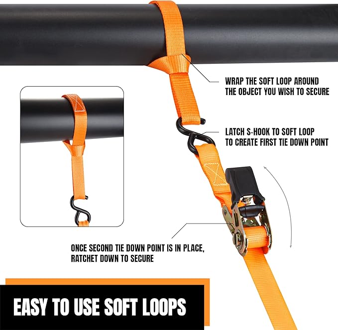 Cartman 1" x 15' Ratchet Tie Down up to 1500lbs 4pk in Carry Bag, with 18" Soft Loop Tie-Down Straps & 32" Bungee Cord