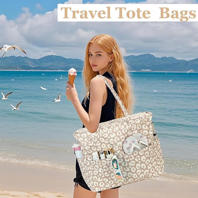 LEDAOU Beach Bag Waterproof Sandproof Women Tote Bag Pool Bag with Zipper for Gym Grocery Travel with Wet Pocket