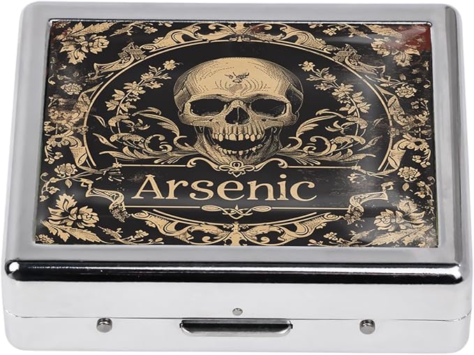Cute and Stylish Metal Pill Box - Compact Portable Pill Organizer with 8 Compartments, Food-Grade Divider, Ideal for Travel, Vitamins, Jewelry, Cosmetics (Arsenic Skull)