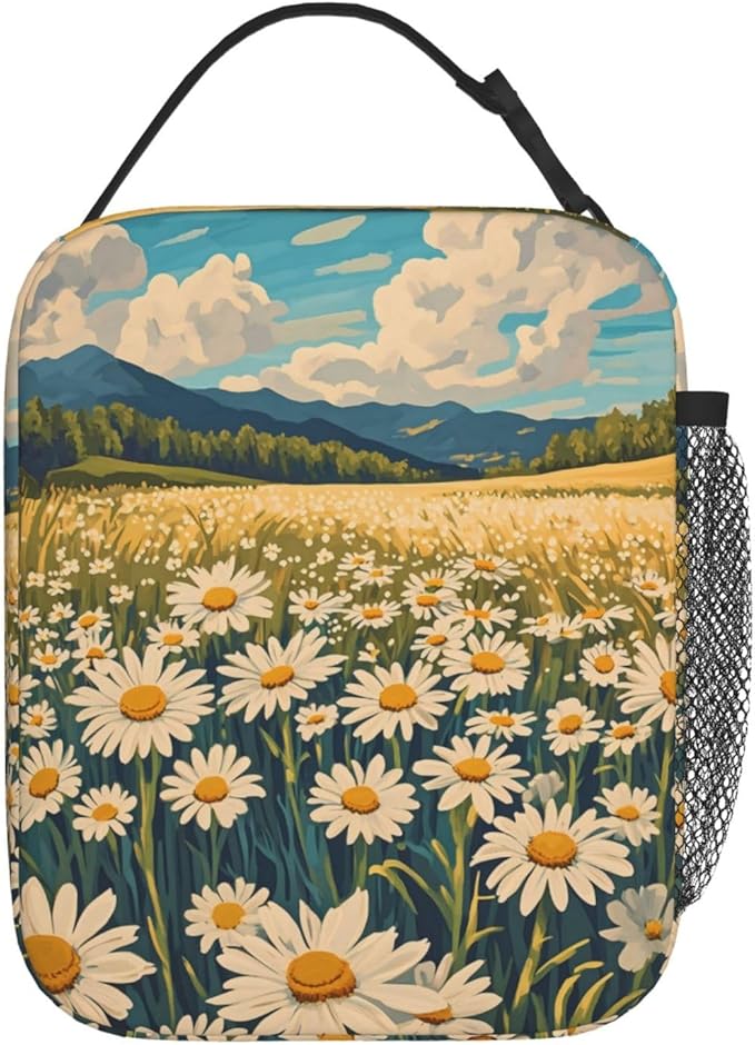 Daisy Flower Lunch Box for Kids Aldults, Nature Floral Reusable Thermal Insulation Cooler Tote Bags, Meadow Wildflower Field Insulated Bag for Student, School Picnic Camping Travel, Gifts