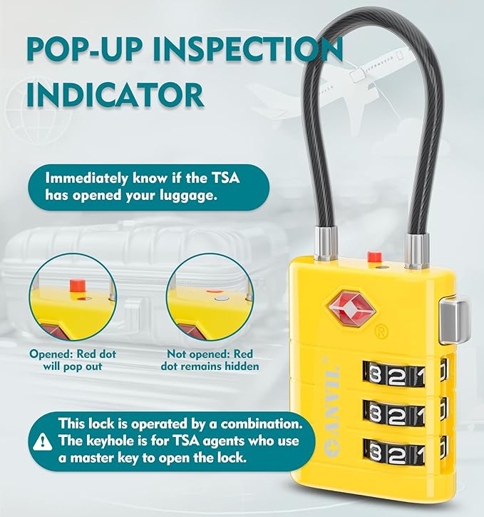 ANVIL TSA Approved Luggage Locks – High Security TSA008 Combination Travel Locks with Inspection Indicator for Suitcases and Backpacks. (2, Yellow)