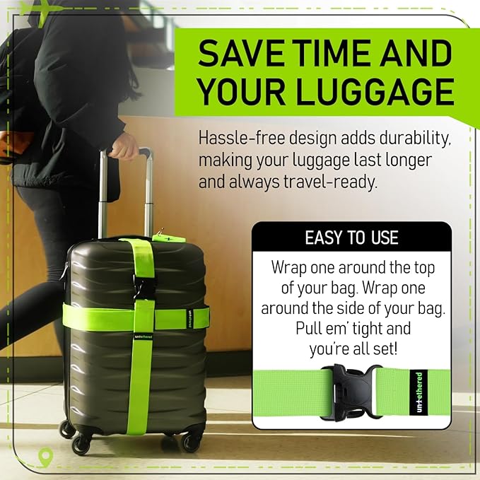 Untethered Luggage Straps | TSA-Approved Suitcase Belts with Heavy-Duty Buckles. Secure Adjustable Travel Accessories for Checked Bags. 4-Pack