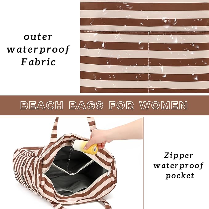 LEDAOU Beach Bag Waterproof Sandproof Women Tote Bag Pool Bag with Zipper for Gym Grocery Travel with Wet Pocket