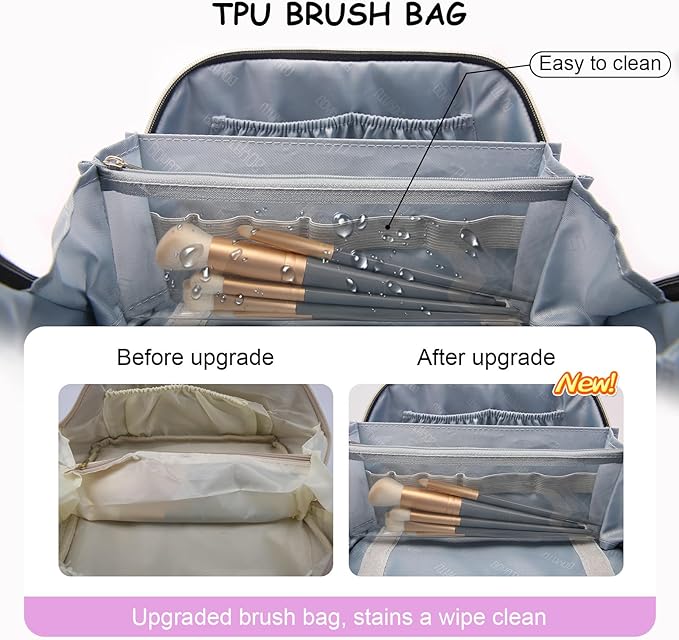 Travel Makeup Bag Organizer Cosmetic Bag: 3 Pcs Set Make up Bags for Women with Handle - Waterproof Vegan Leather Toiletry Bags with Comparments (C-01-Purple)
