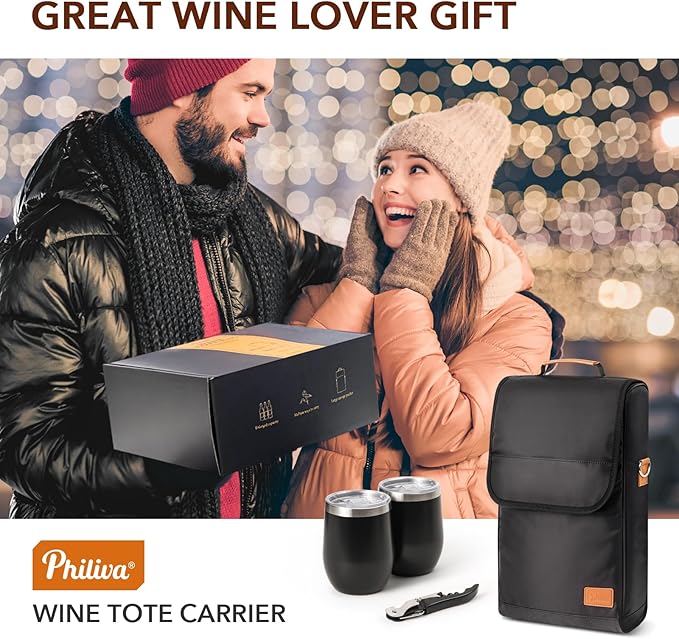 3 Bottle Wine Tote Bag with Wine Tumblers and Wine Opener, Wine Gifts for Women, Portable Wine Carrier Purse with Shoulder Strap for Travel/Picnic/Beach/Pool/Events/Hiking, Black