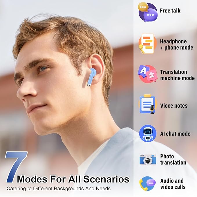 AI Translation Earbuds Real Time with Audio and Video Calls, 3-in-1 Language Translator Earbuds,164 Languages, 7 Translation Modes, 32H Buletooth 5.3 Headphones with Translating Device Blue