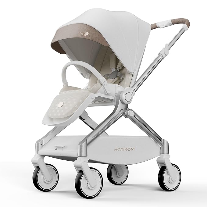 Hot Mom Baby Lightweight Stroller, Intelligent Seat Reversing，Double Brake and PU Anti-Shock Tire Combine Baby Pushchair, Newborn to Toddler's Baby Stroller, Brown